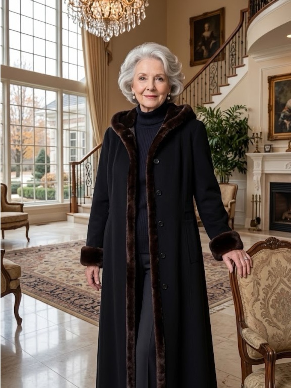 Gallery Black Trench Coat with Brown Faux Fur Trim, 61% wool, size XL